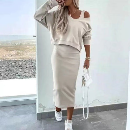 2-Piece Set Sleeveless Dress & Loose V-Neck Pullover